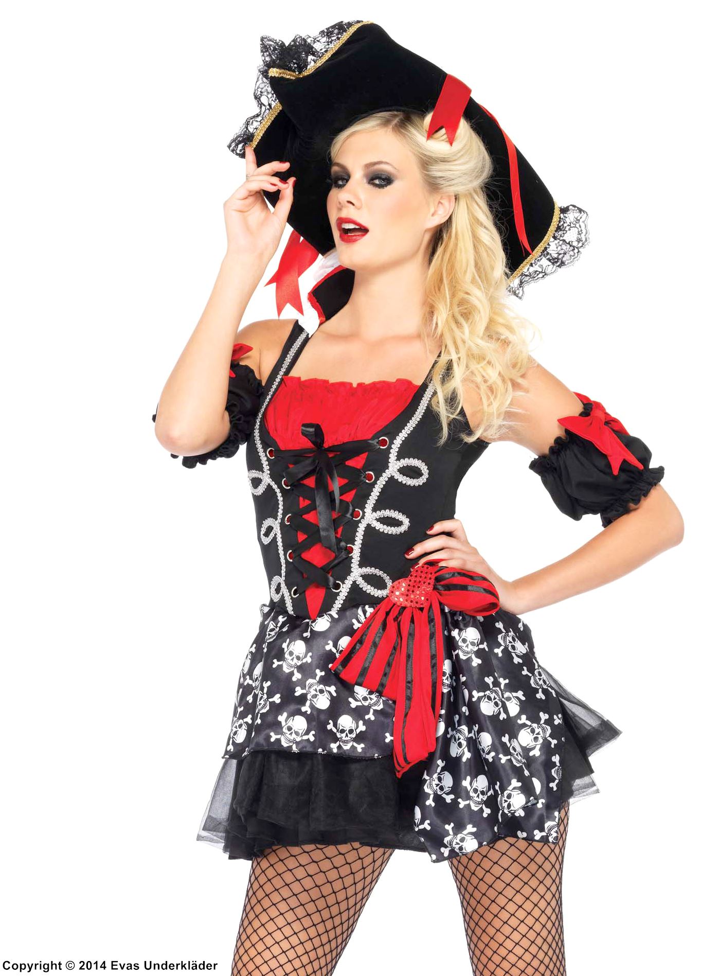 Female pirate captain, costume dress, lacing, big bow, skulls